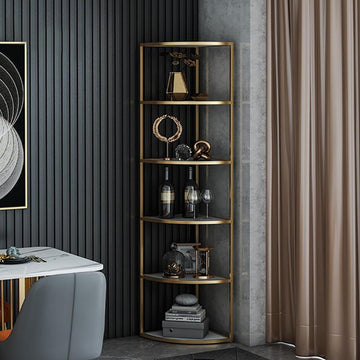 70.9" Fan-shaped Gold & White Corner Bookshelf Bookcase in 6 Shelves